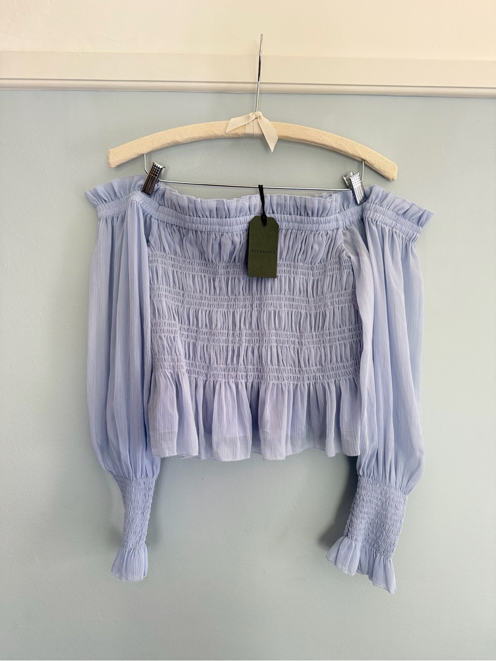 NWT - AllSaints Off-The-Shoulder Peplum Top in Gentle Lavender (US 12)